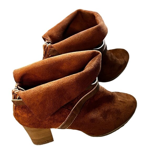 New Directions Jorie Strap Cognac Suede Ankle Boots Sz 10 Womens Chunky 3" Heel - Picture 12 of 16